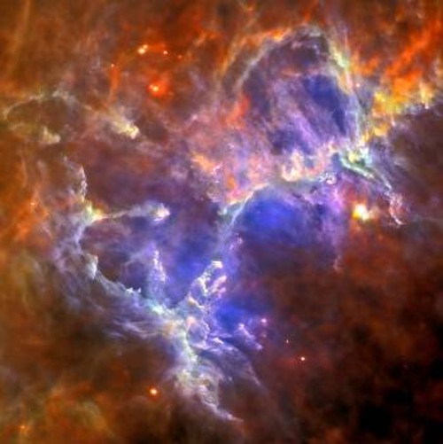 Στο κέντρο και προς τα κάτω αυτής της φωτογραφίας του νεφελώματος του Αετού από το διαστημικό τηλεσκόπιο Χέρσελ, φαίνονται καθαρά οι τρεις «πυλώνες», στη μέση της τεράστιας κοιλότητας που έχει δημιουργήσει η πίεση της ακτινοβολίας από ένα νεαρό αστρικό σμήνος
