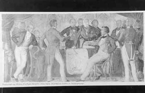 Η υπογραφή της Συνθήκης του Λονδίνου απο τους εκπροσώπους της Αγγλίας, της Ρωσίας και της Γαλλίας. Τοιχογραφία του Γκουγκενμπέργκερ στο κτίριο της ελληνικής Βουλής.